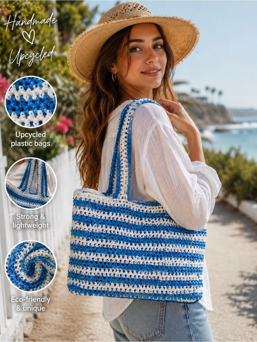 NEW Plarn Woven Tote Beach Bag Crochet Upcycled Plastic Bags